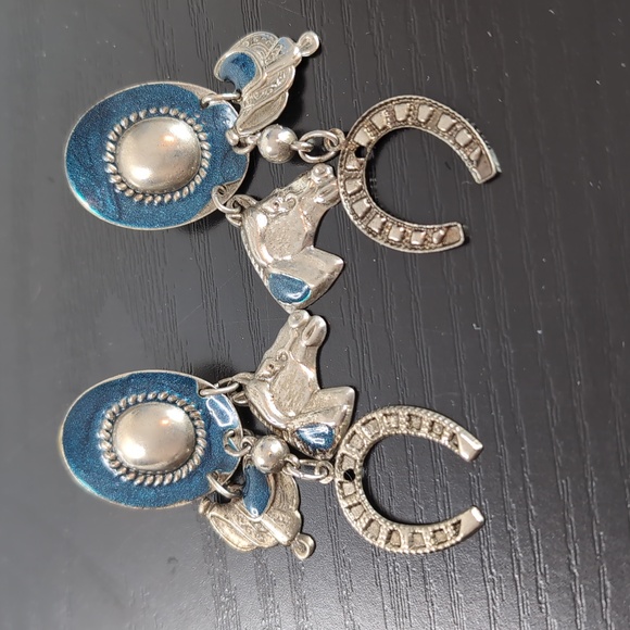 Jewelry - Blue and Silver Western Cowboy Hat Earrings With Charms Horse Earrings Dangling